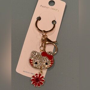 BAG CHARM Glittering Cat Face Hello Kitty Red Bow and Flower charm Keychain